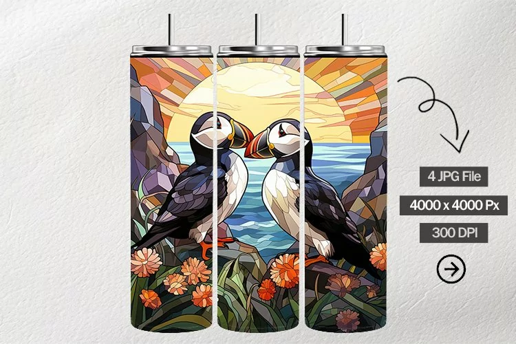 Puffins Stained Glass Square Coaster - 4 Variation
