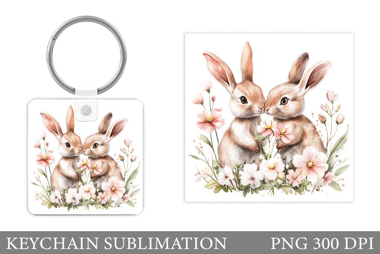 Cute Bunny Keychain. Bunny Flowers Keychain Sublimation