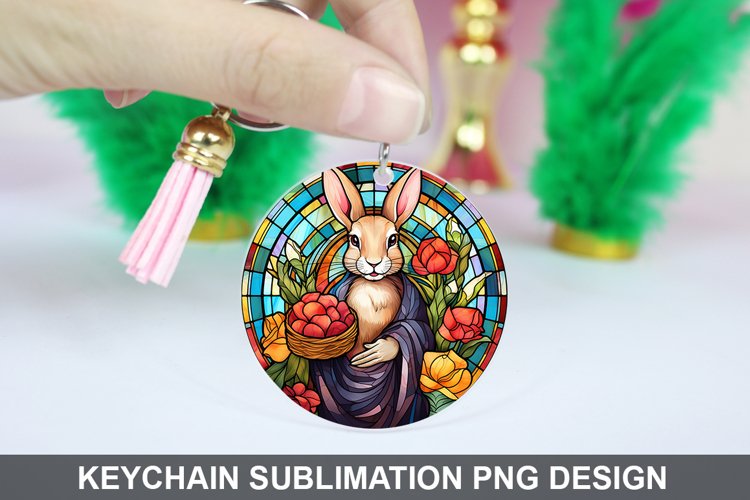 Bunny Round Keychain, Bunny Flowers Keychain Design