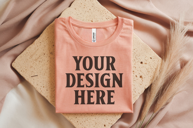Heather Peach Bella Canvas 3001 Flat Lay T-Shirt Mockup