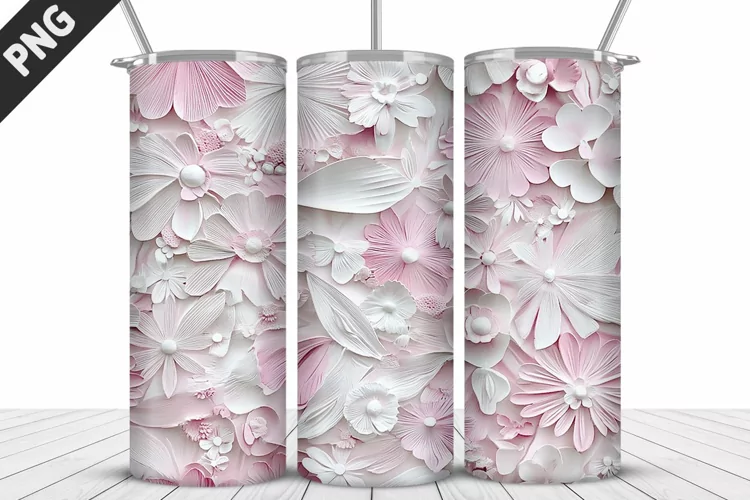 3D White Flowers Tumbler Wrap | Sublimation Design | Tumbler
