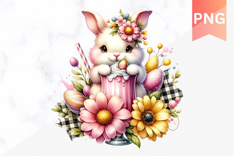 Easter Bunny And Milkshake Flowers Sublimation - Clipart PNG
