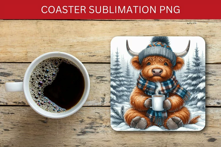square coaster - highland cow and coffee