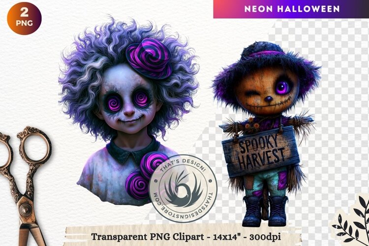 Neon Halloween Character Clipart Spooky Kawaii scarecrow example image 1