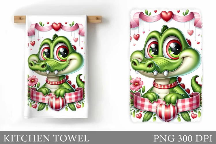 Cute Crocodile Kitchen Towel. Valentines Kitchen Towel