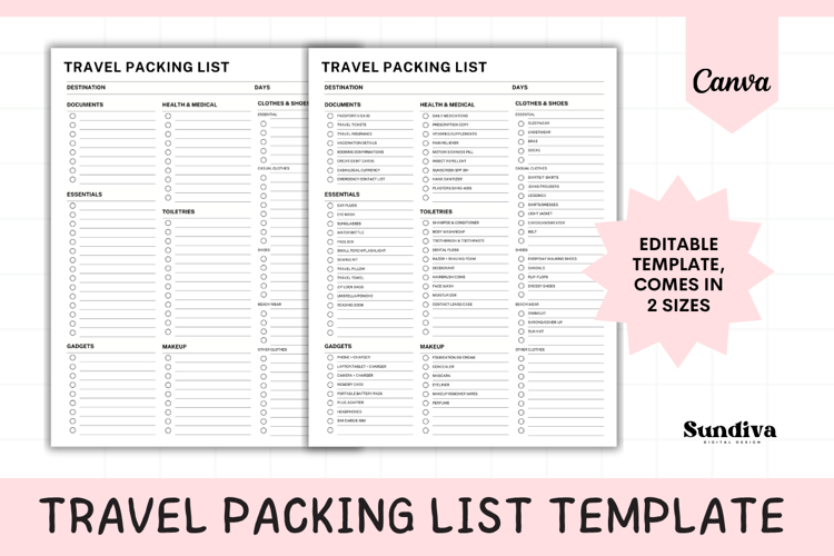 Travel Packing List Editable Template 3 | Travel Planner