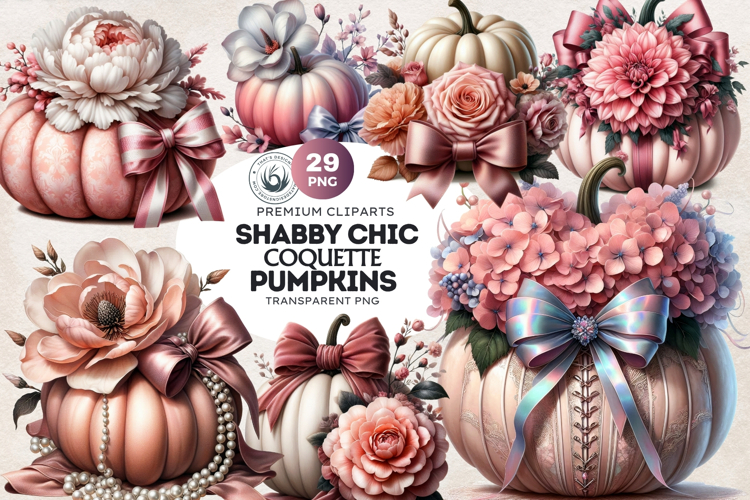 Shabby Chic Pink Coquette Pumpkins with bow PNG Clipart Set