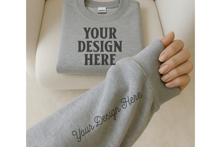 Gildan 18000 Heather Gray Sleeve Sweatshirt Mockup