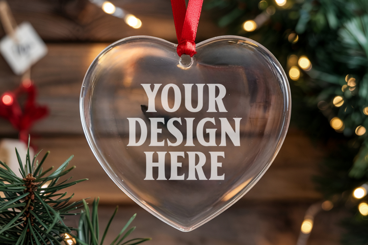 Christmas Heart Crystal Glass Ornament Mockup | Clear Heart