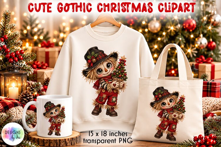 Gothic Christmas Scarecrow with Tree PNG