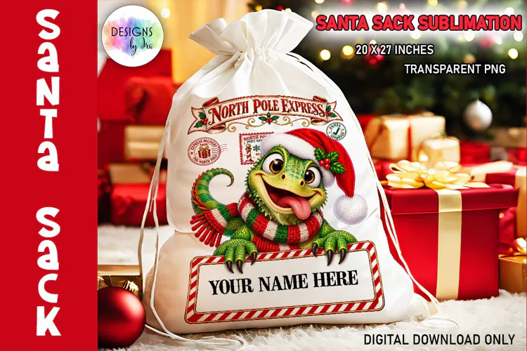 Christmas Iguana Santa Sack Sublimation PNG