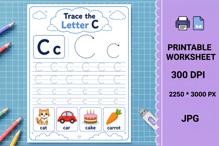 Letter c trace practice printable alphabet tracing worksheet