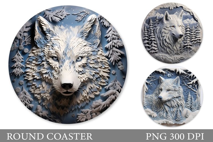 Wolf Round Coaster Design. Winter Wolf Round Coaster