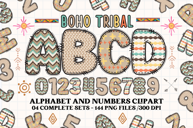 Boho tribal Alphabet png clipart, boho letters doodle example image 1