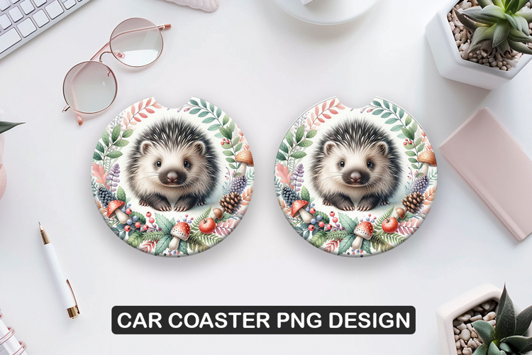 Hedgehog Car Coaster Sublimation| Animal Coaster PNG