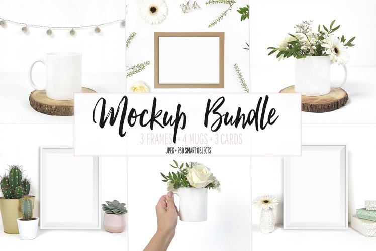 Mockup bundle, Frames, Mugs, Cards, JPG & PSD example image 1