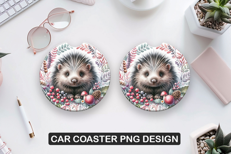 Hedgehog Car Coaster Sublimation| Animal Coaster PNG
