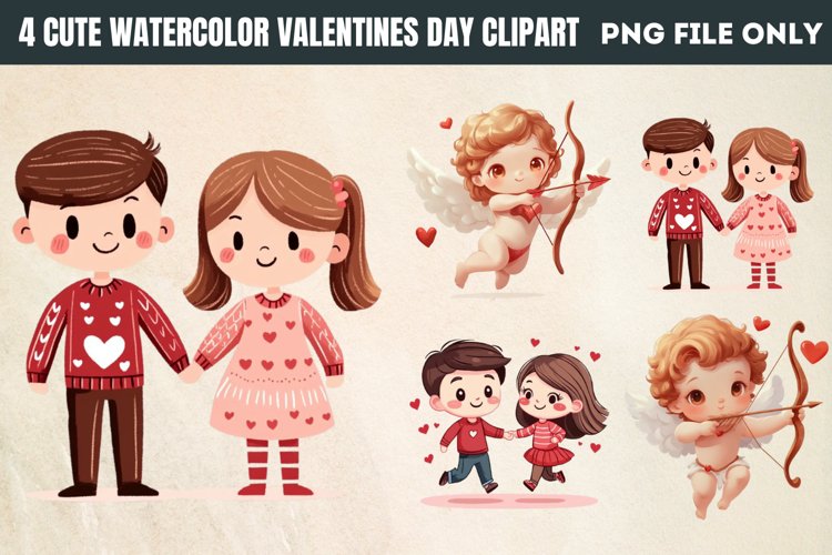 Cute Watercolor Valentines Day Clipart PNG