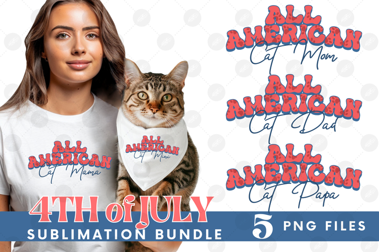 American Cat Mama Papa 4th of July USA Paw DTF PNG Bundle