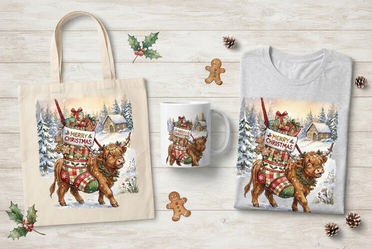 Highland Cow Christmas Stocking Gifts Watercolor Art example image 1