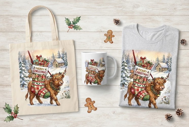 Highland Cow Christmas Stocking Gifts Watercolor Art