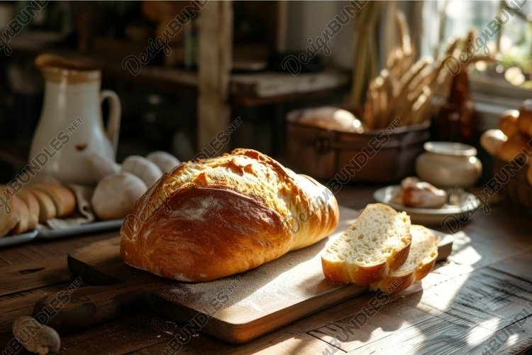 Freshly baked bread on wooden kitchen counter