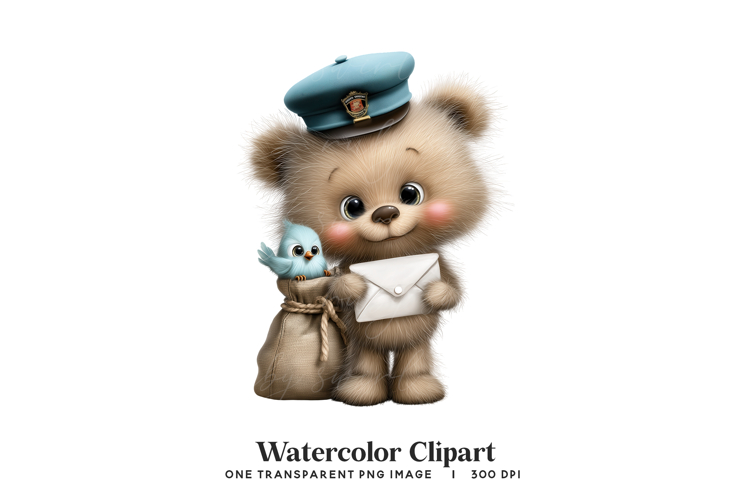 Mail Bear & Bird Watercolor PNG