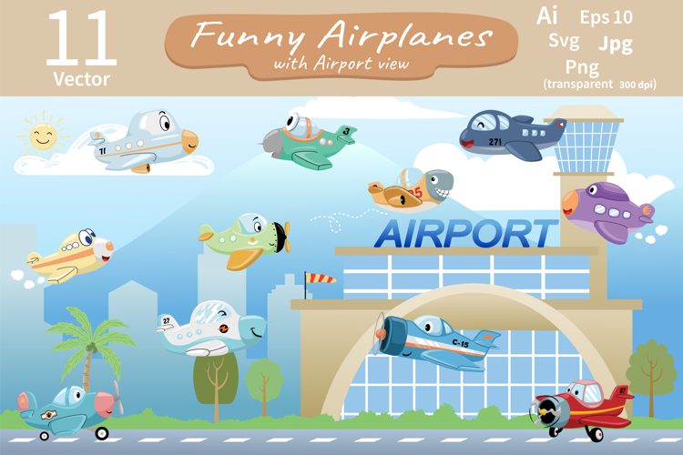 Funny Airplanes Vector Illustration Set with Airport Scene