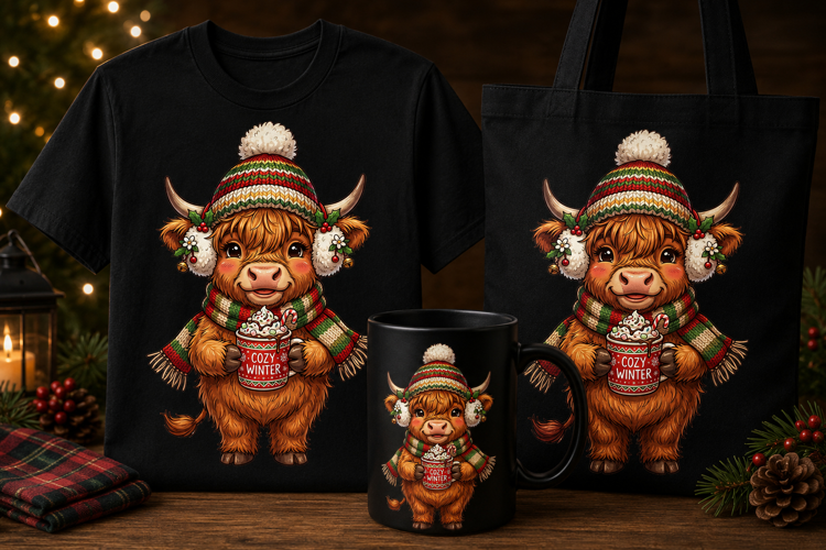 Cute Christmas Highland Cow PNG Cozy Winter Hot Cocoa Art