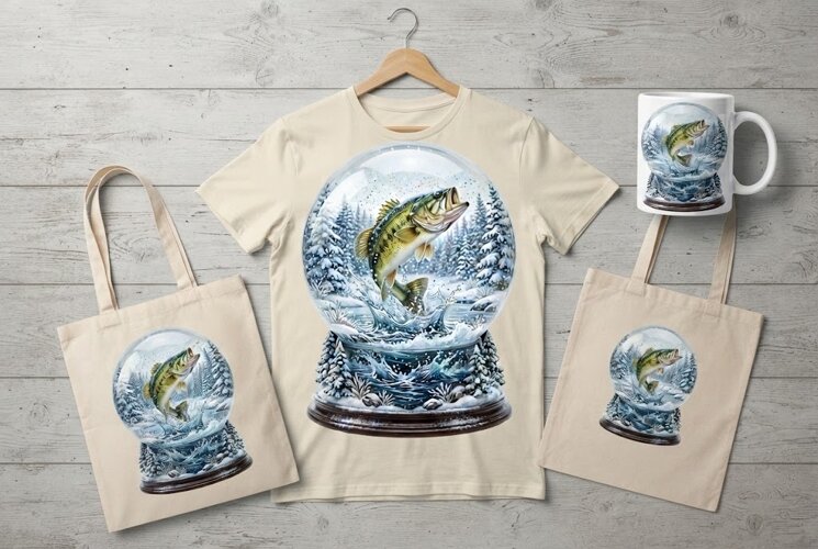 Largemouth Bass Snow Globe Winter Fishing Art PNG example image 1