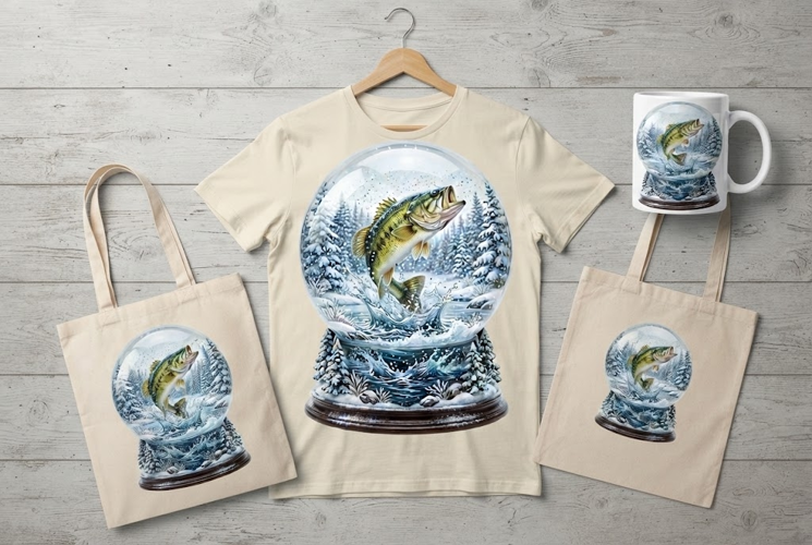 Largemouth Bass Snow Globe Winter Fishing Art PNG