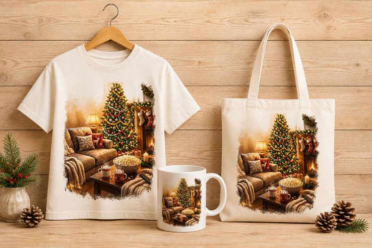 Cozy Living Room Christmas Movie Night Art