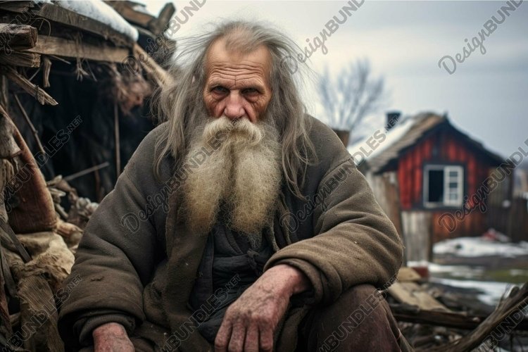 Elderly man with long beard in rustic setting