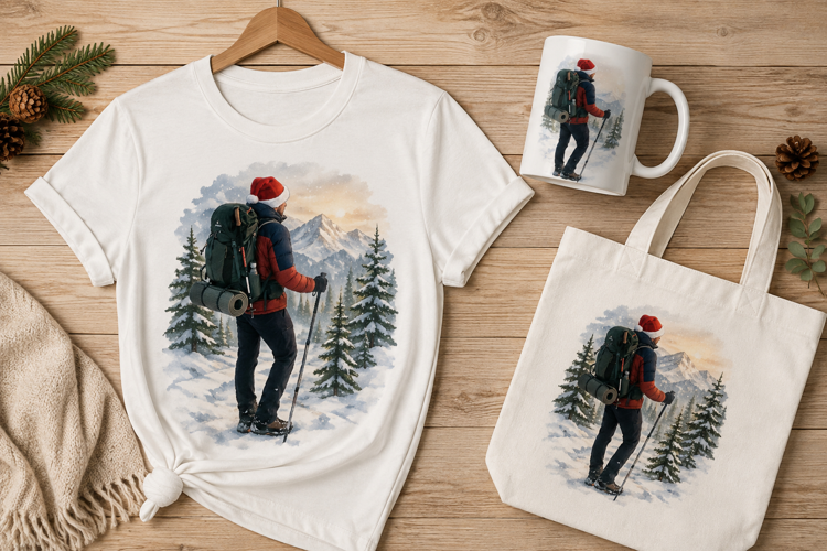 Santa Hat Winter Backpacker Hiking Trekking Graphic