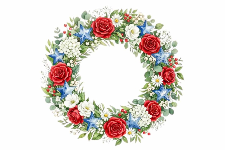 Watercolor patriotic wreath with red roses white flowers