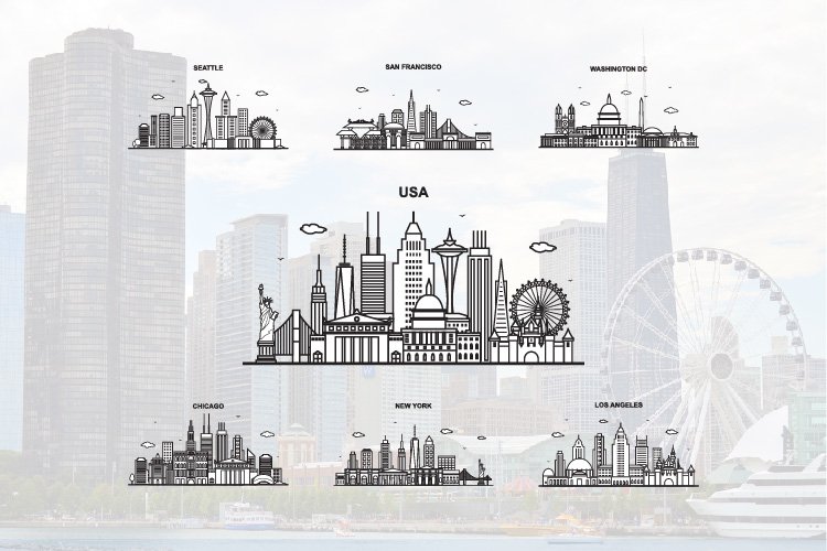 7 City in USA Cityscape Skyline Set example image 1