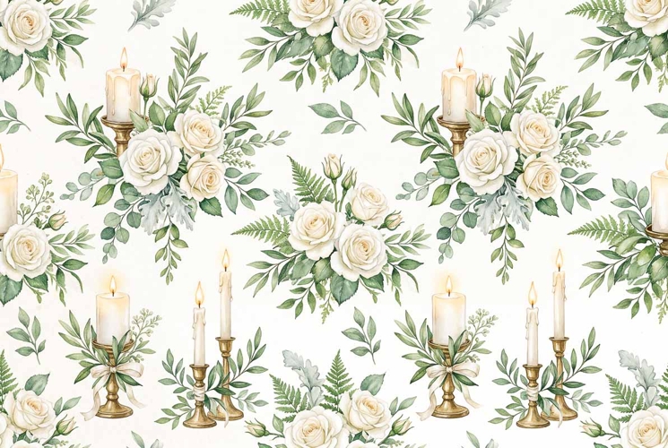 Pattern with Wedding Candles White Rose