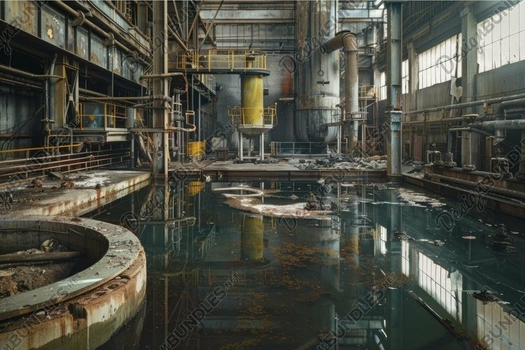 Abandoned industrial facility interior with reflections