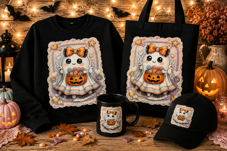 Cute Candy Ghost PNG | Kawaii Halloween Pumpkin Ghost Sublim