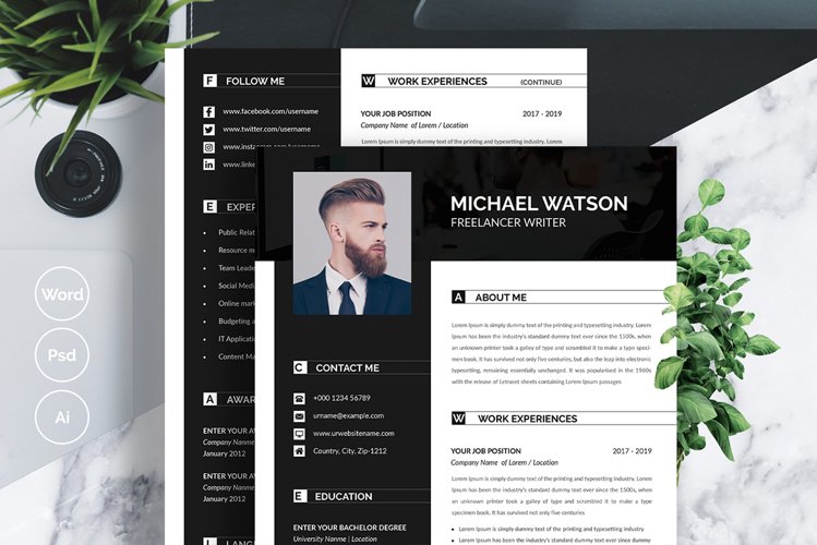 Resume Set with Dark Header and Sidebar example image 1