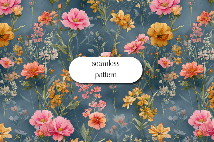 Seamless Vintage Floral Pattern on Blue Background