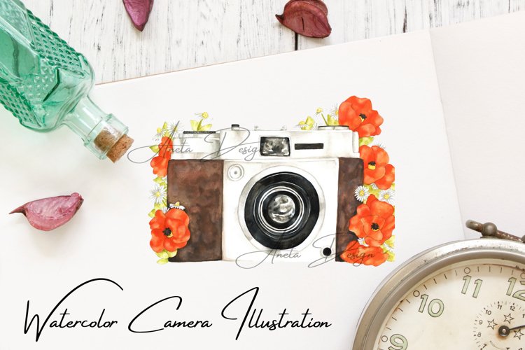 Camera with watercolor poppy flowers, Gift to photographer example image 1