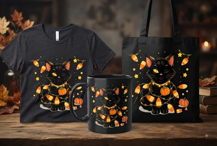 Halloween Black Cat PNG | Candy Corn Lights & Pumpkin Clipar