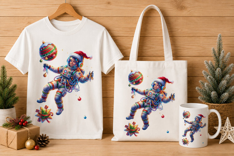 Holiday Astronaut Floating with Christmas Ornaments Art example image 1