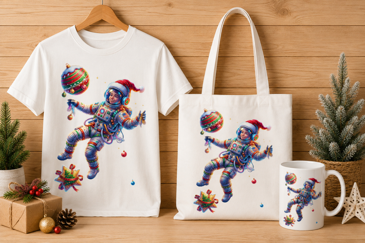 Holiday Astronaut Floating with Christmas Ornaments Art