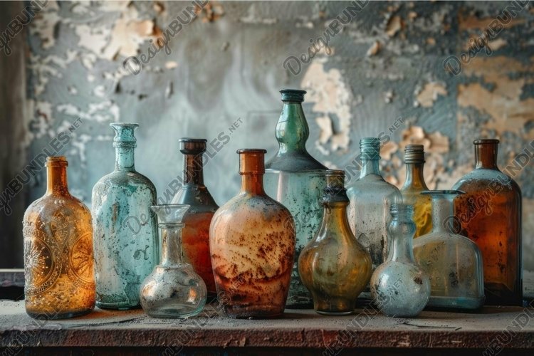 Collection of antique glass bottles sitting on dusty shelf example image 1