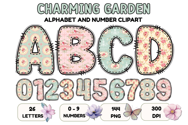 Charming Garden Doodle Alphabet PNG Letters & Numbers 300DPI