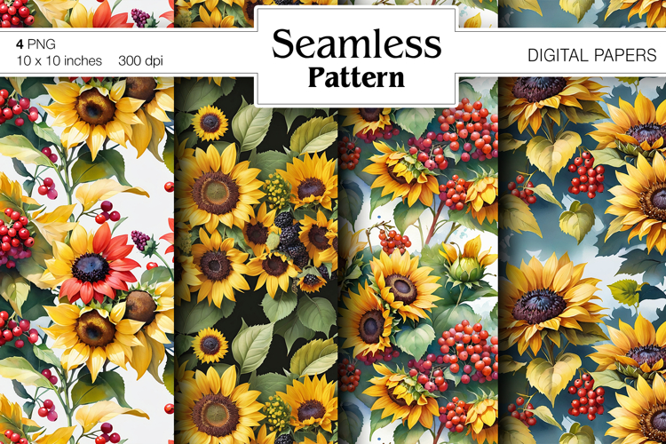 Sunflowers digital papers. Winter Seamless pattern