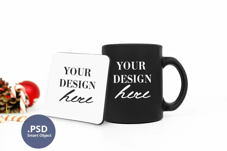 Christmas Black Mug & Coaster Mockup, Rounded coaster mockup