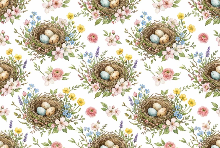 Watercolor bird nest and spring flower pattern